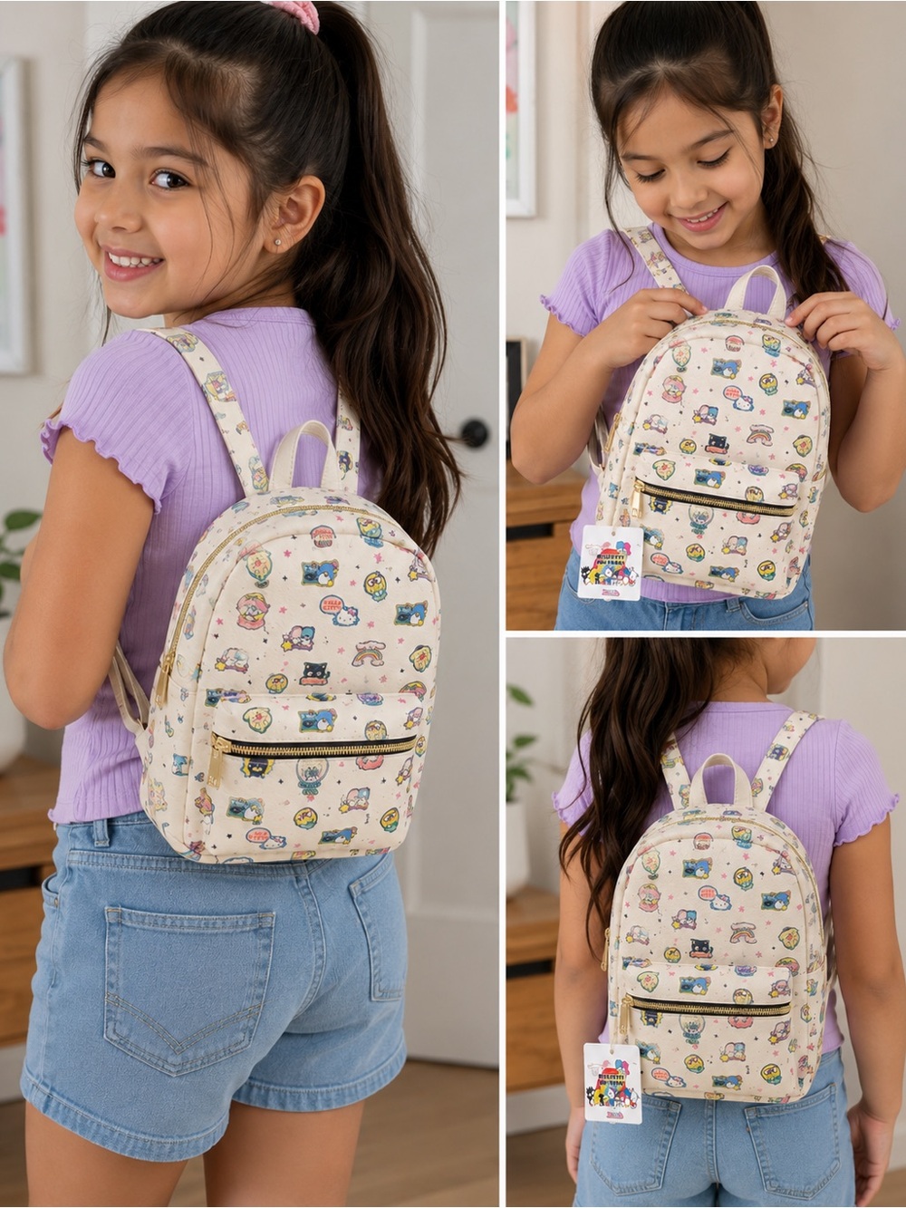 Hello Kitty Cream Mini Backpack with Colorful Character Prints